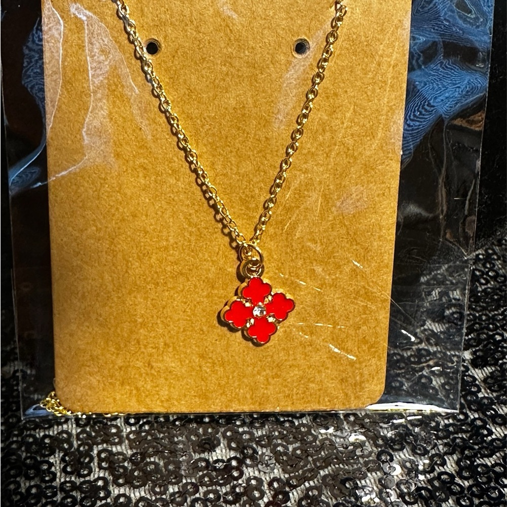 Gold and Red Flower Pendant Necklace